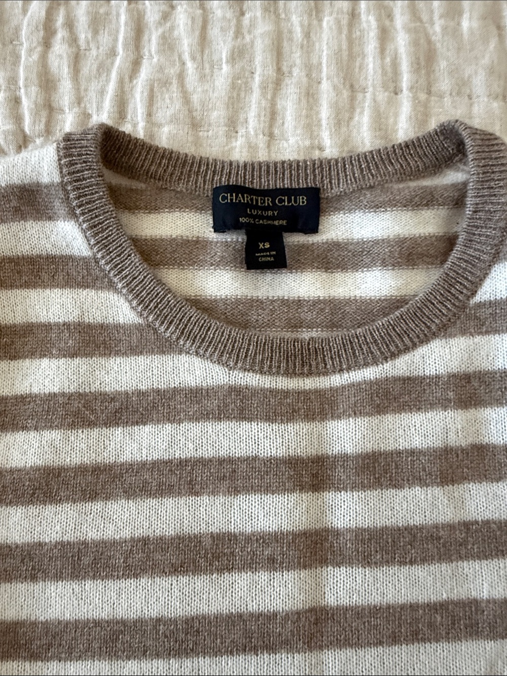 Charter Club Women’s Striped Cashmere Crewneck Sweater - Beige & White